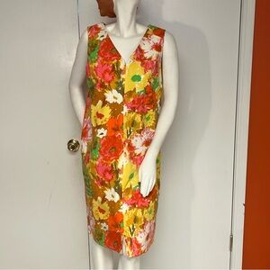 Yellow, orange, and pink floral knee length dress, 14